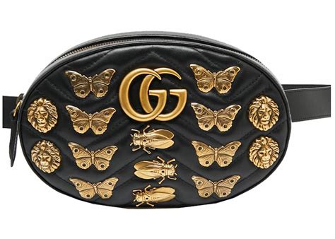 Gucci Black Leather Animal Studs GG Marmont Belt Bag 